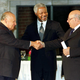 Cypriot President Glafcos Clerides (L) shakes hands with the Turkish Cypriot leader Rauf Denktash as United Nations Secretary General Kofi Annan looks on (C) at the outset of high level negotiations at the Troutbeck Guesthouse in Amenia New York, July 9, on a long-stymied peace process to reunite the Island of Cyprus. The two sides are scheduled to meet through July 13 at the rural retreat 90 miles north of New York City. TALKS CYPRUS - RP1DRIDZAWAB